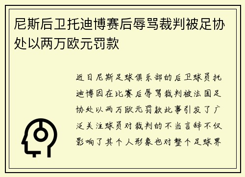 尼斯后卫托迪博赛后辱骂裁判被足协处以两万欧元罚款